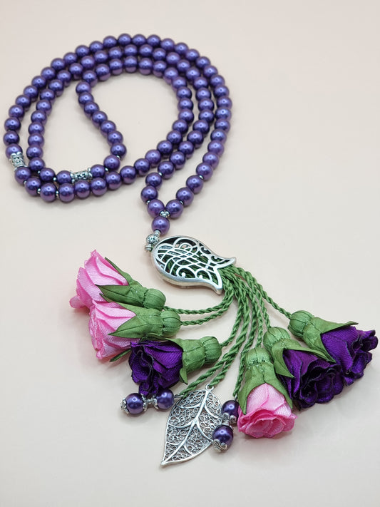 Pearl Beads / Purple & Pink Flowers