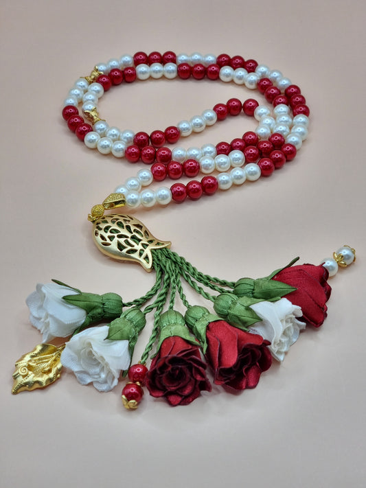 Pearl Beads / Red & White Flowers