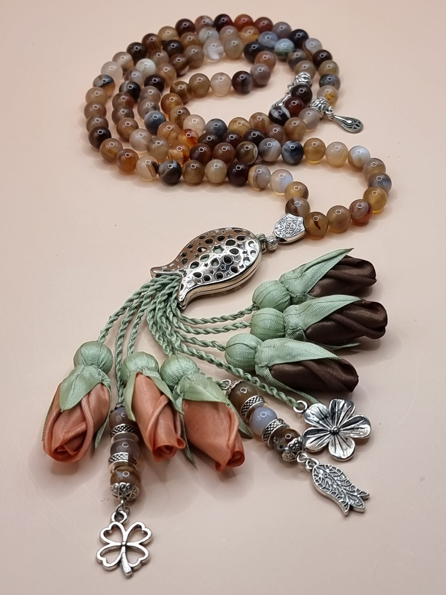 NEW - Agate Natural Stones/ Multicolor Tulips with SILVER accents [عقيق]