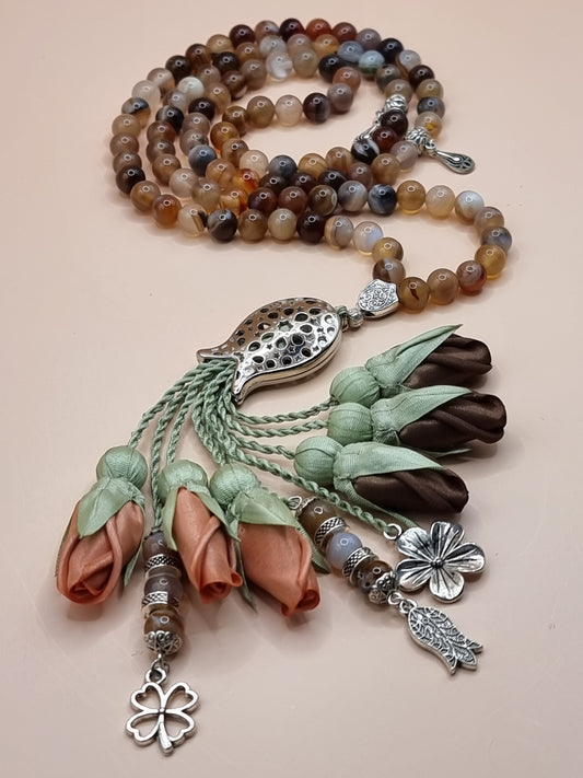 NEW - Agate Natural Stones/ Multicolor Tulips with SILVER accents [عقيق]