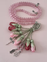 Cat's Eye Natural Stones/ Pink & Plum Tulips with SILVER accents [عين القط]