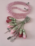 Cat's Eye Natural Stones/ Pink & Plum Tulips with SILVER accents [عين القط]