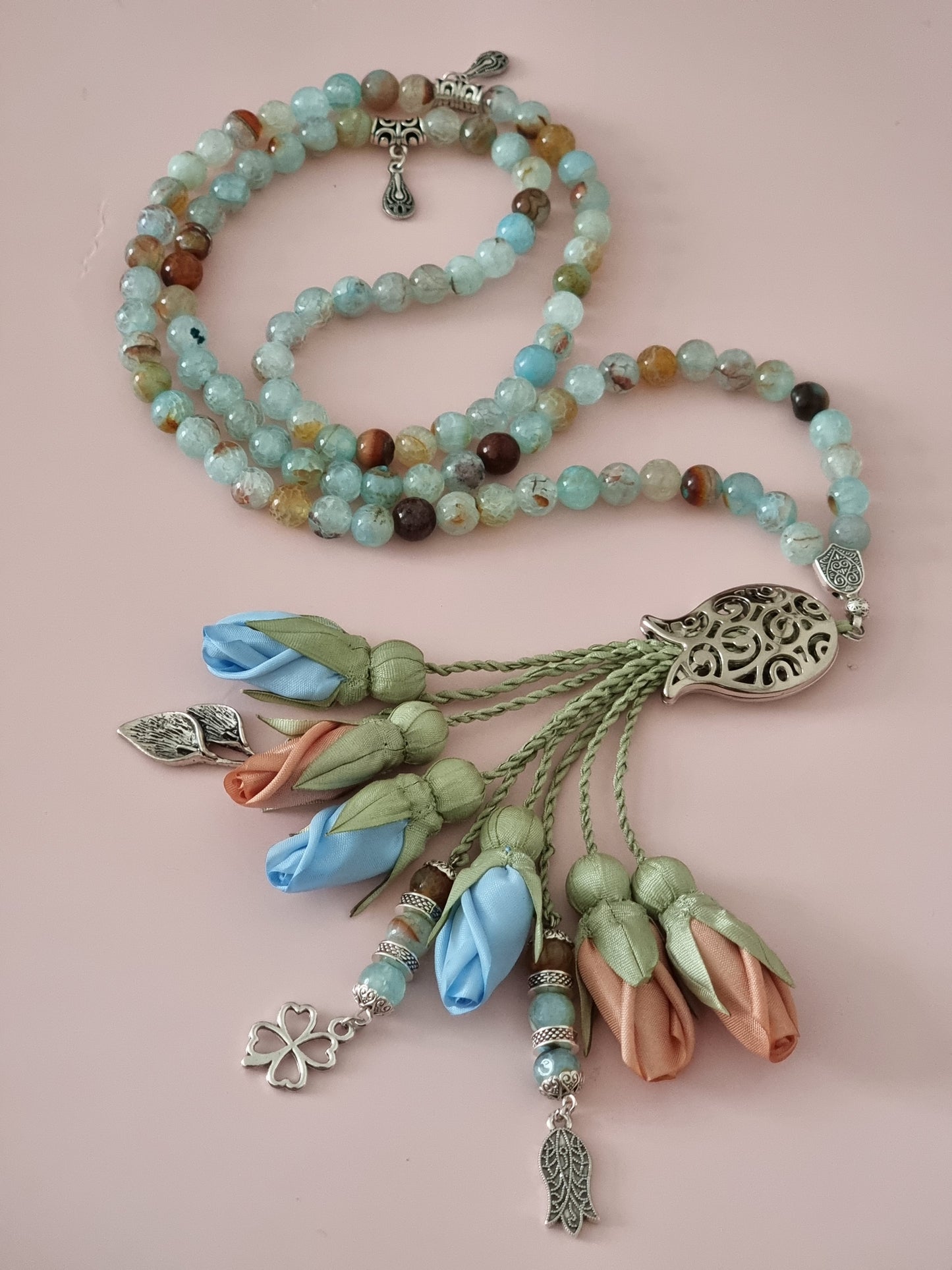 Agate Natural Stones/ Multicolor Tulips with SILVER accents [عقيق]