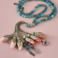 Jade Natural Sibha/ Shades of Peach Tulips with Turquoise & Silver Floral Accent [اليشم]