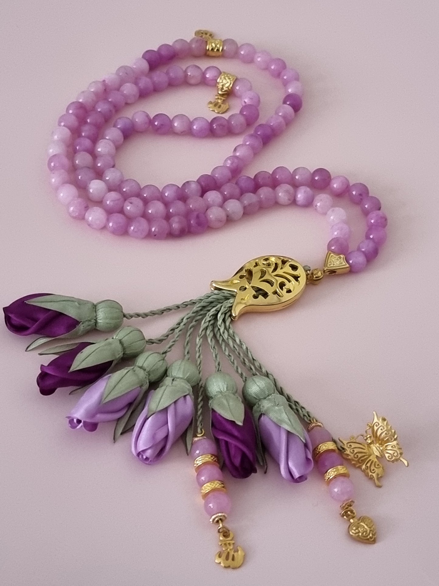 Jade Natural Sibha/ Lavender & Purple Tulips with GOLD accents [اليشم]