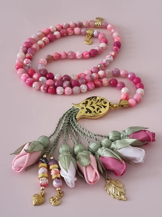 Agate Natural Stones/ Shades of Pink Tulips with GOLD accents [عقيق]
