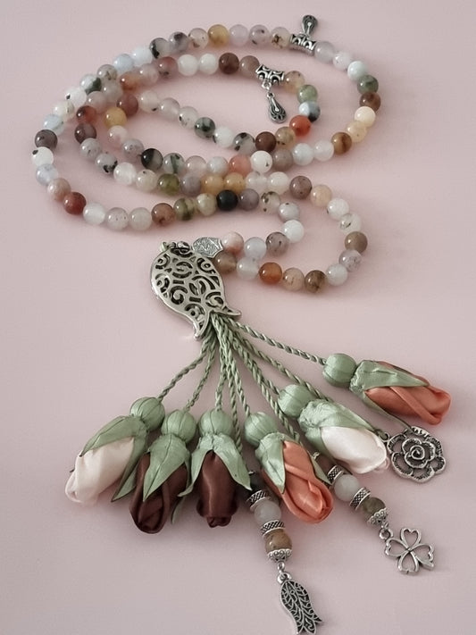 Agate Natural Stones/ Multicolor Tulips with SILVER accents [عقيق]