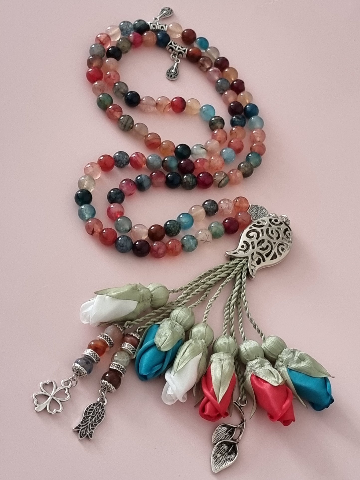 Agate Natural Stones/ Multicolor Tulips with SILVER accents [عقيق]