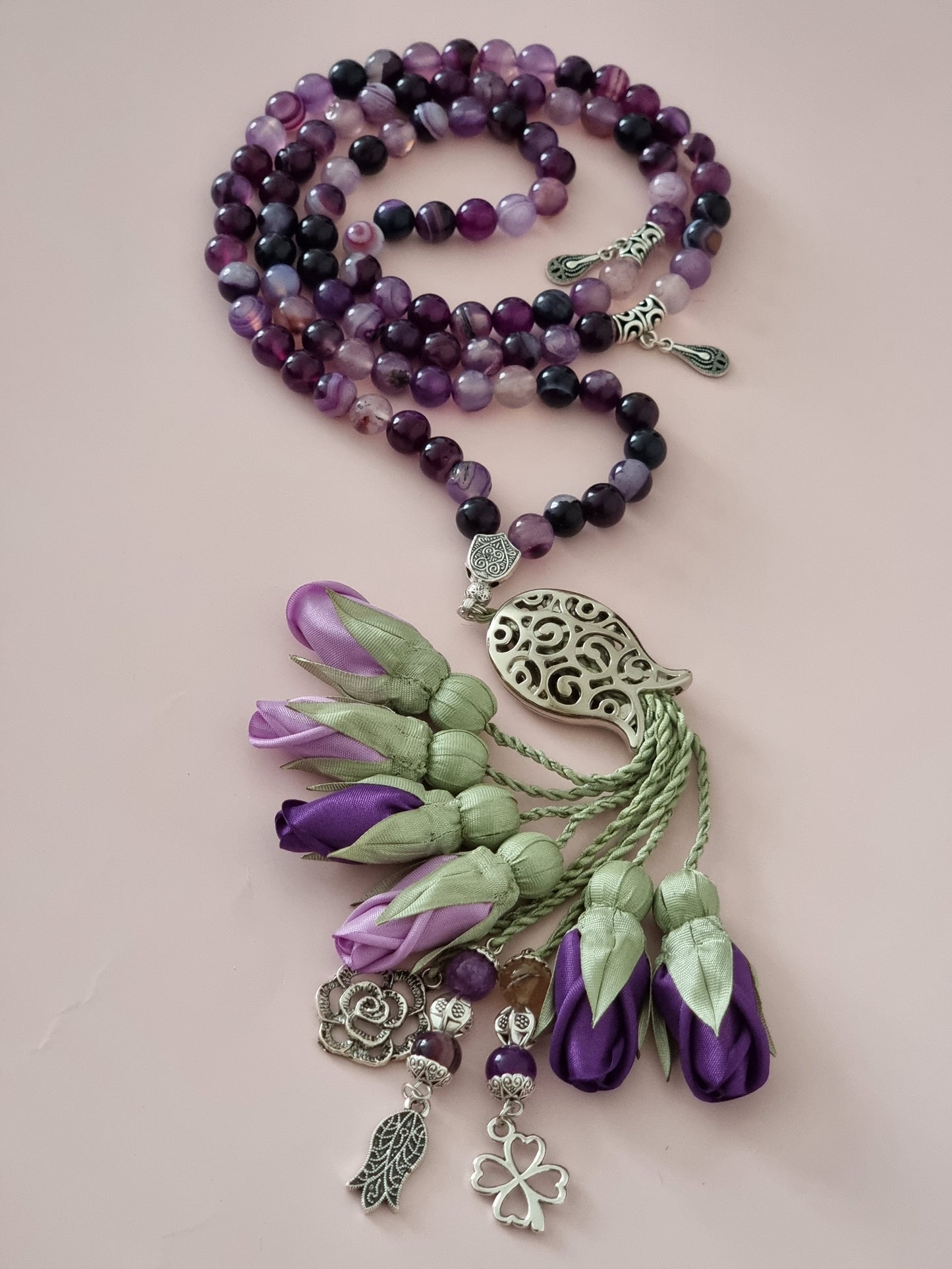 Agate Natural Stones/ Shades of Purple Tulips with SILVER accents [عقيق]