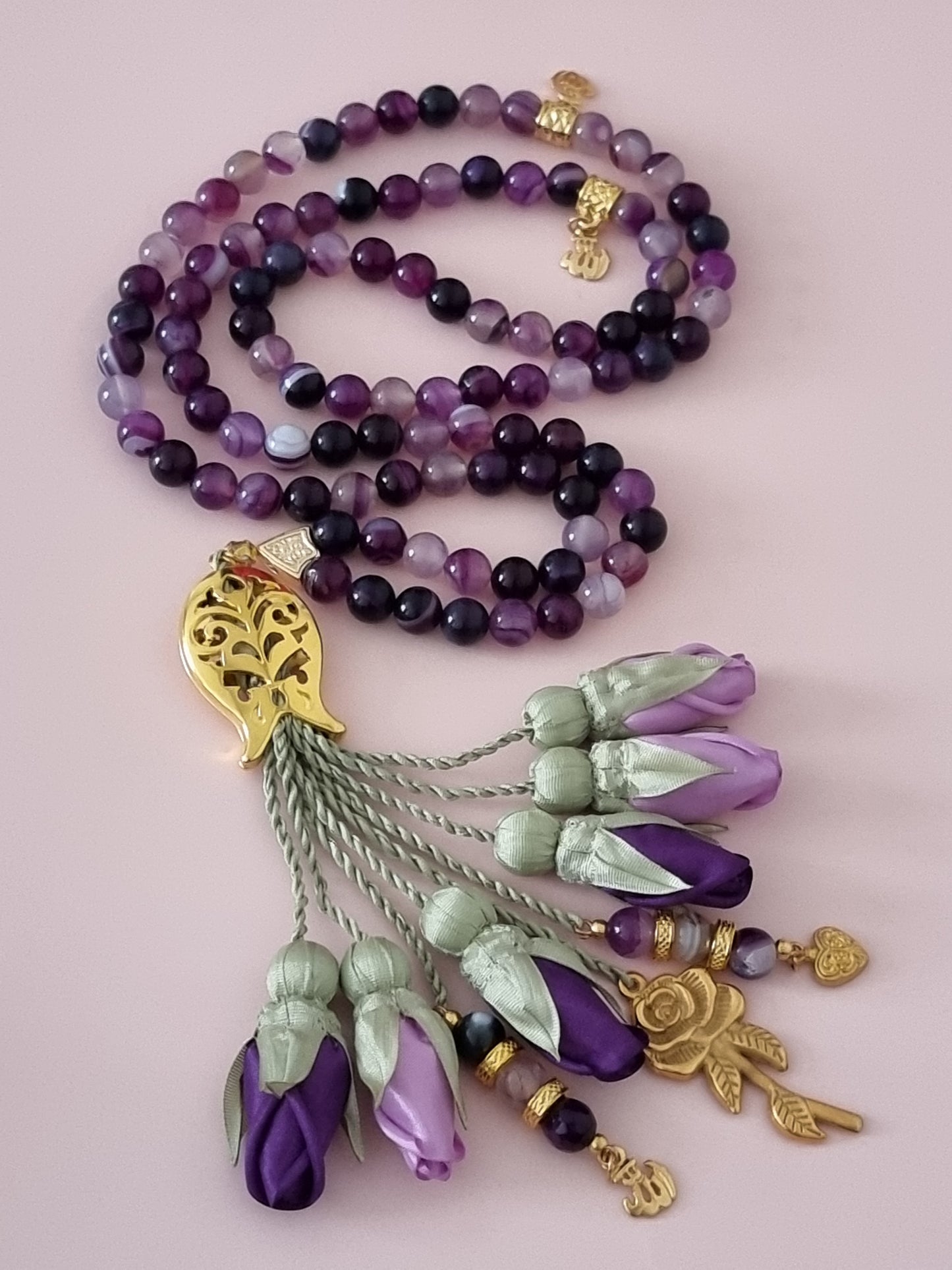 Agate Natural Stones/ Shades of Purple Tulips with GOLD accents [عقيق]
