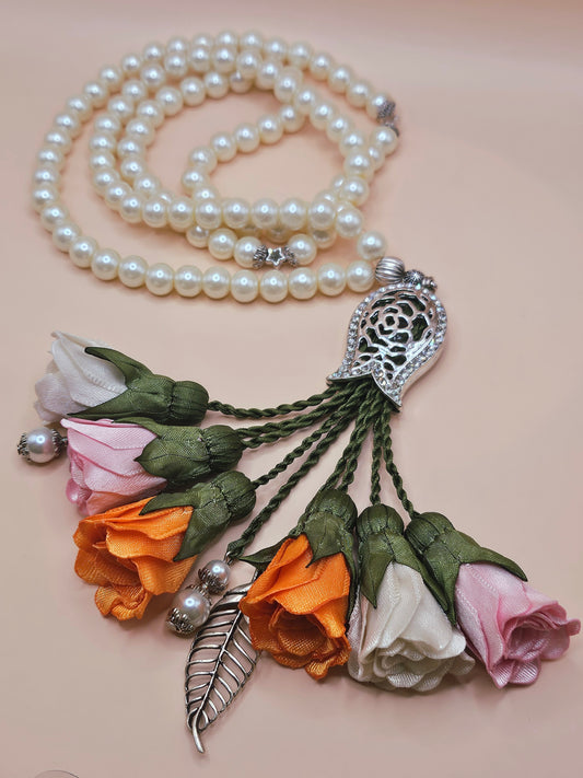 Pearl Beads/ Multicolored Tulips with SILVER accents