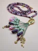 NEW - Agate Natural Stones/ Pink & Violet Tulips with GOLD accents [عقيق]