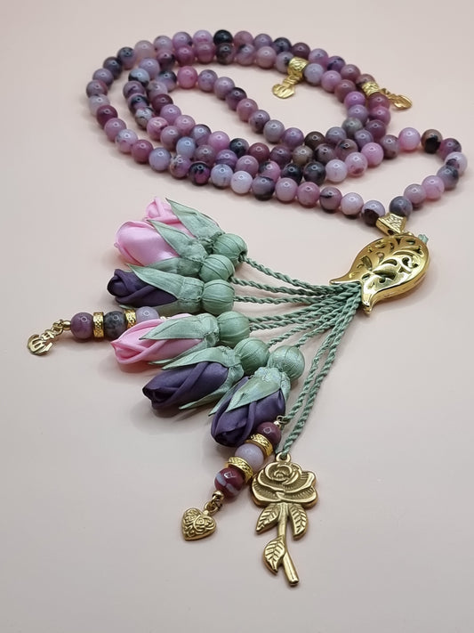NEW - Agate Natural Stones/ Pink & Violet Tulips with GOLD accents [عقيق]