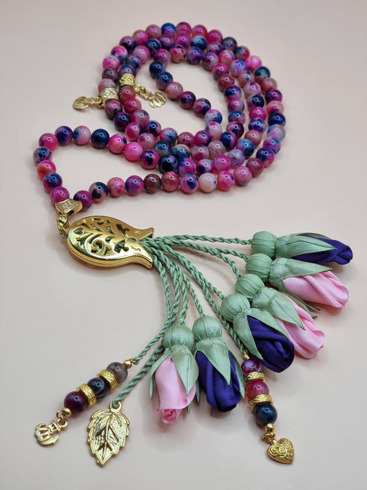 NEW - Agate Natural Stones/ Pink & Violet Tulips with GOLD accents [عقيق]