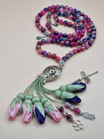 NEW - Agate Natural Stones/ Pink & Violet Tulips with SILVER accents [عقيق]