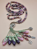 NEW - Agate Natural Stones/ Pink & Violet Tulips with SILVER accents [عقيق]