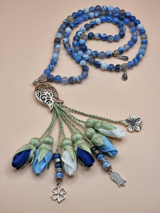 NEW - Agate Natural Stones/ Multicolor Tulips with SILVER accents [عقيق]