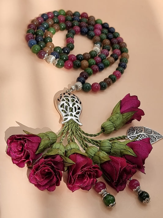 Jade Natural Stones/ Dark Fuschia Flowers [اليشم]