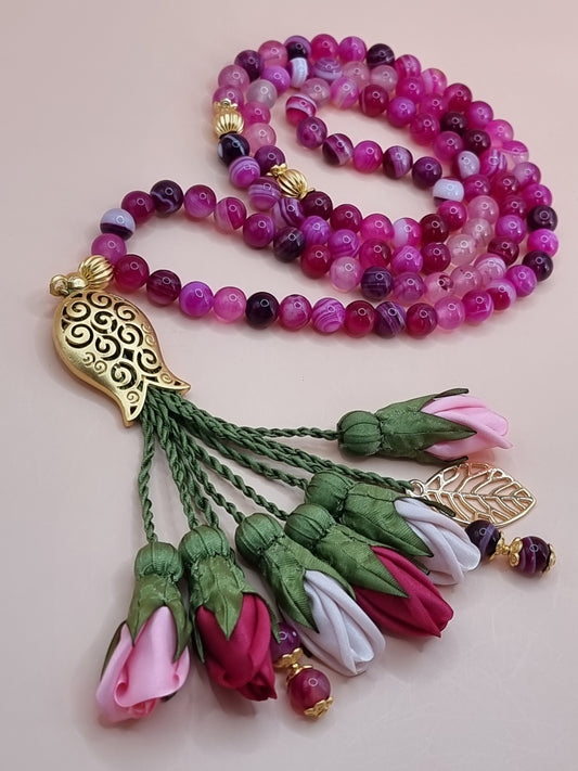 Agate Natural Stones / Fuchsia Tulips with GOLD accents [عقيق]