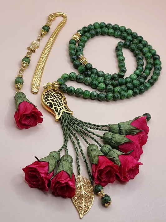 NEW - Gift Set Sibha & Bookmark - Jade Natural Stones/ Fuschia Flowers [اليشم]