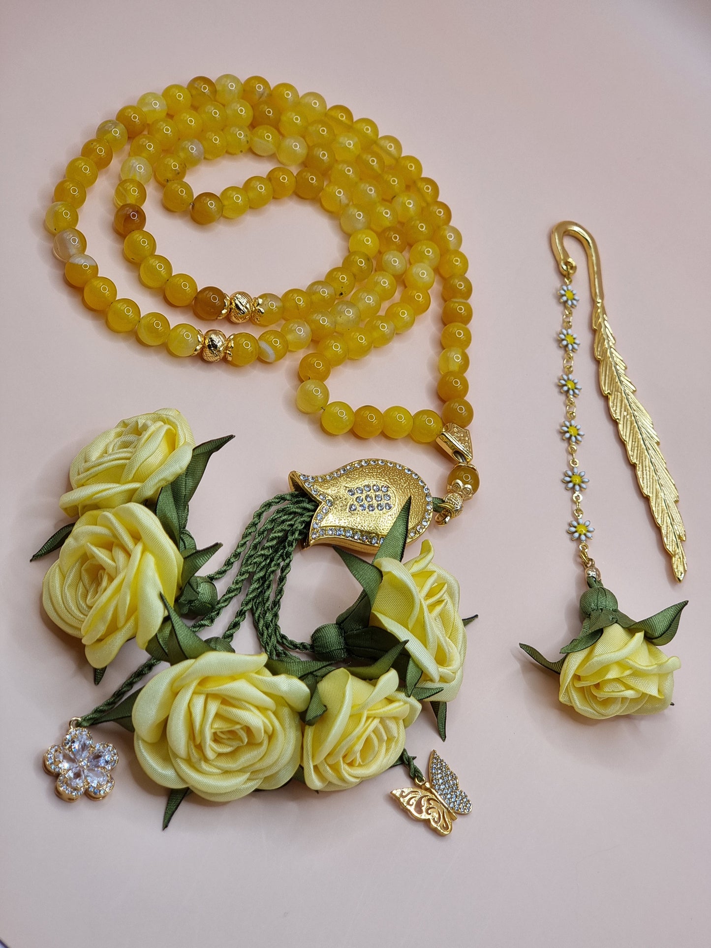 NEW - SPECIAL EDITION Gift Set Sibha & Bookmark - Agate Natural Stones/ Beautiful Yellow Flowers [عقيق]