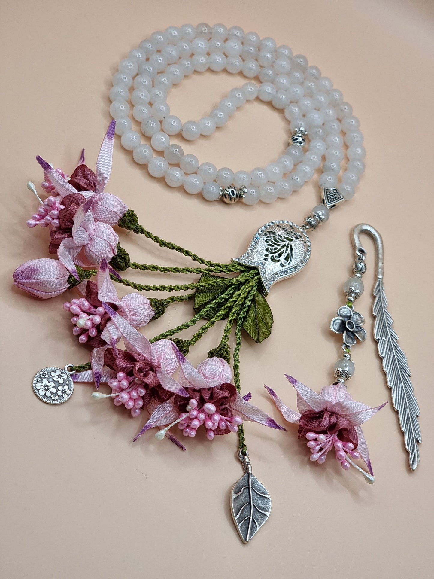 NEW - SPECIAL EDITION Gift Set Sibha & Bookmark - Agate Natural Stones/ Unique White & Pink Flowers [عقيق]