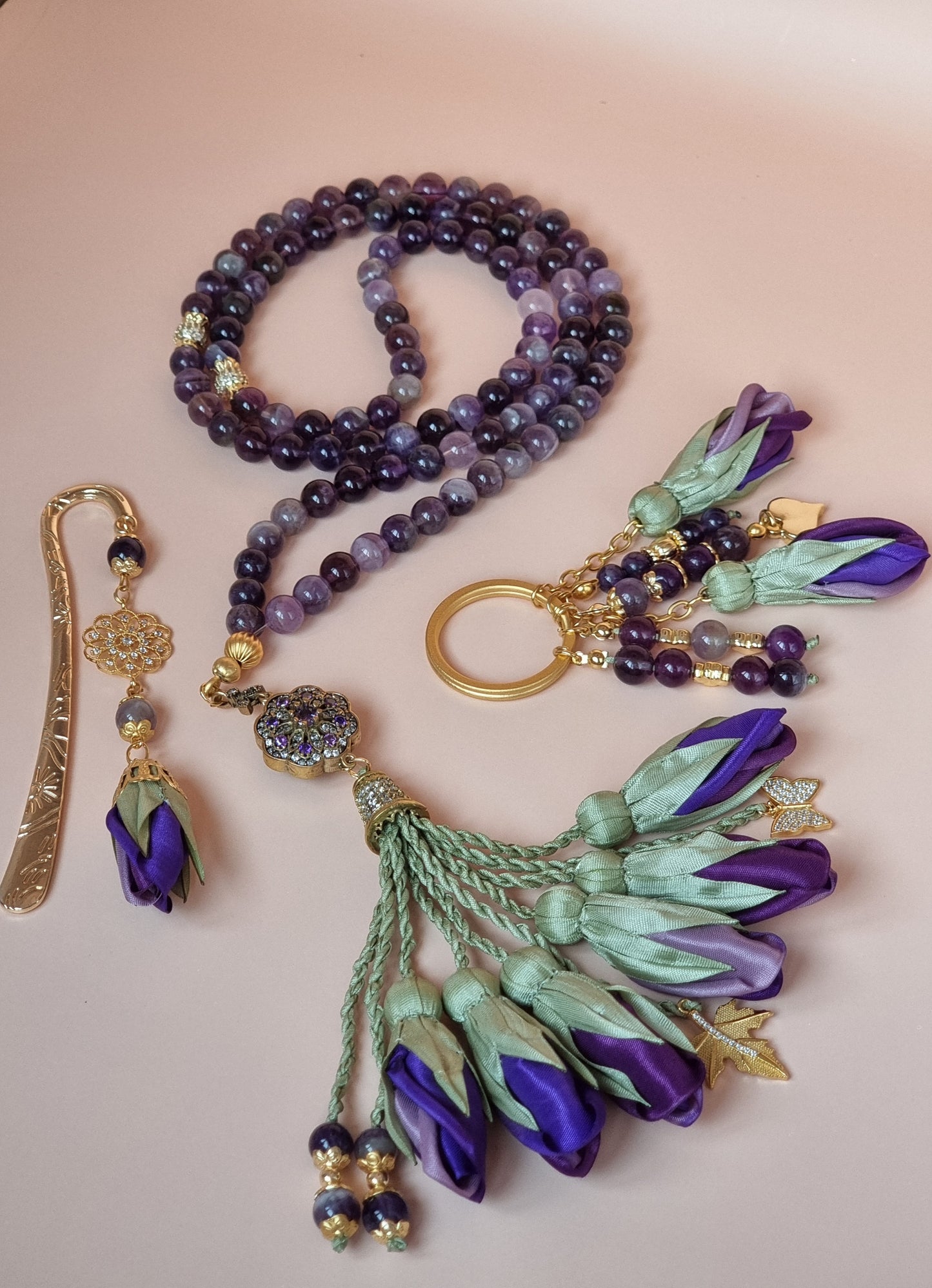 NEW - LIMITED EDITION Gift Set Sibha, Keychain & Bookmark - Amethyst Natural Stones/ Ombre Purple Tulips [الأماثيست]