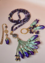 NEW - LIMITED EDITION Gift Set Sibha, Keychain & Bookmark - Amethyst Natural Stones/ Ombre Purple Tulips [الأماثيست]
