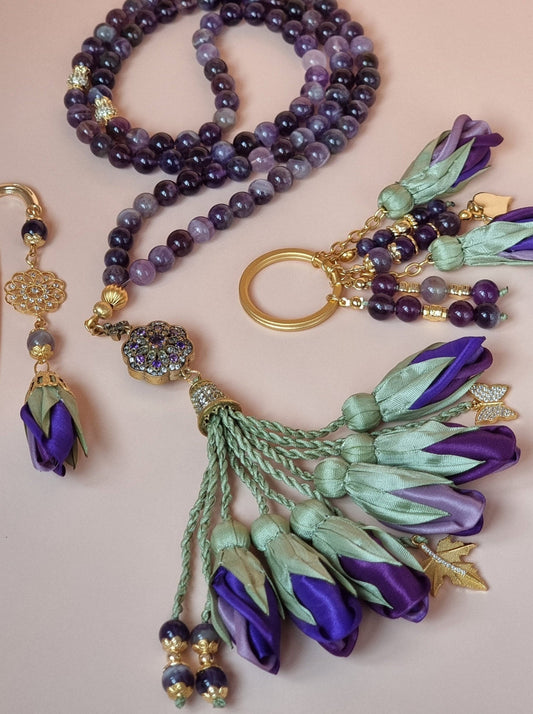 LIMITED EDITION - Gift Set Sibha, Keychain & Bookmark - Amethyst Natural Stones/ Ombre Purple Tulips [الأماثيست]