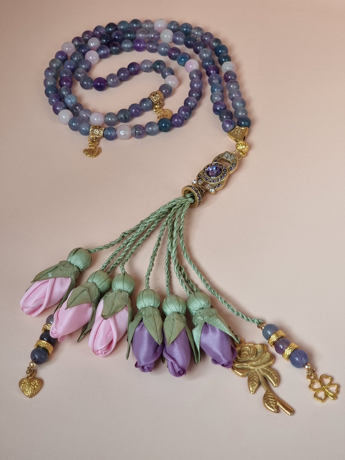 NEW - Jade Natural Stones/ Baby Pink & Light Purple Tulips with GOLD accents [اليشم]