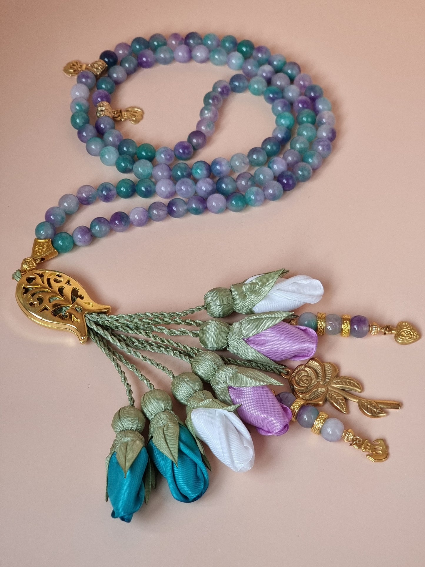 NEW - Jade Natural Stones/ Multicolored Tulips with GOLD accents [اليشم]