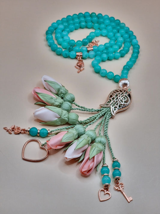 PRE-ORDER طلب مسبق - Jade Natural Stones/Peach Tulips with ROSE GOLD accents [اليشم] سيتم شحن الطلب بتاريخ ٣/٣ باذن الله .... تنويه: قد تختلف ألوان أو بعض اكسسوارات المنتج قليلاً عن الصور المعروضة وذلك حسب توفره