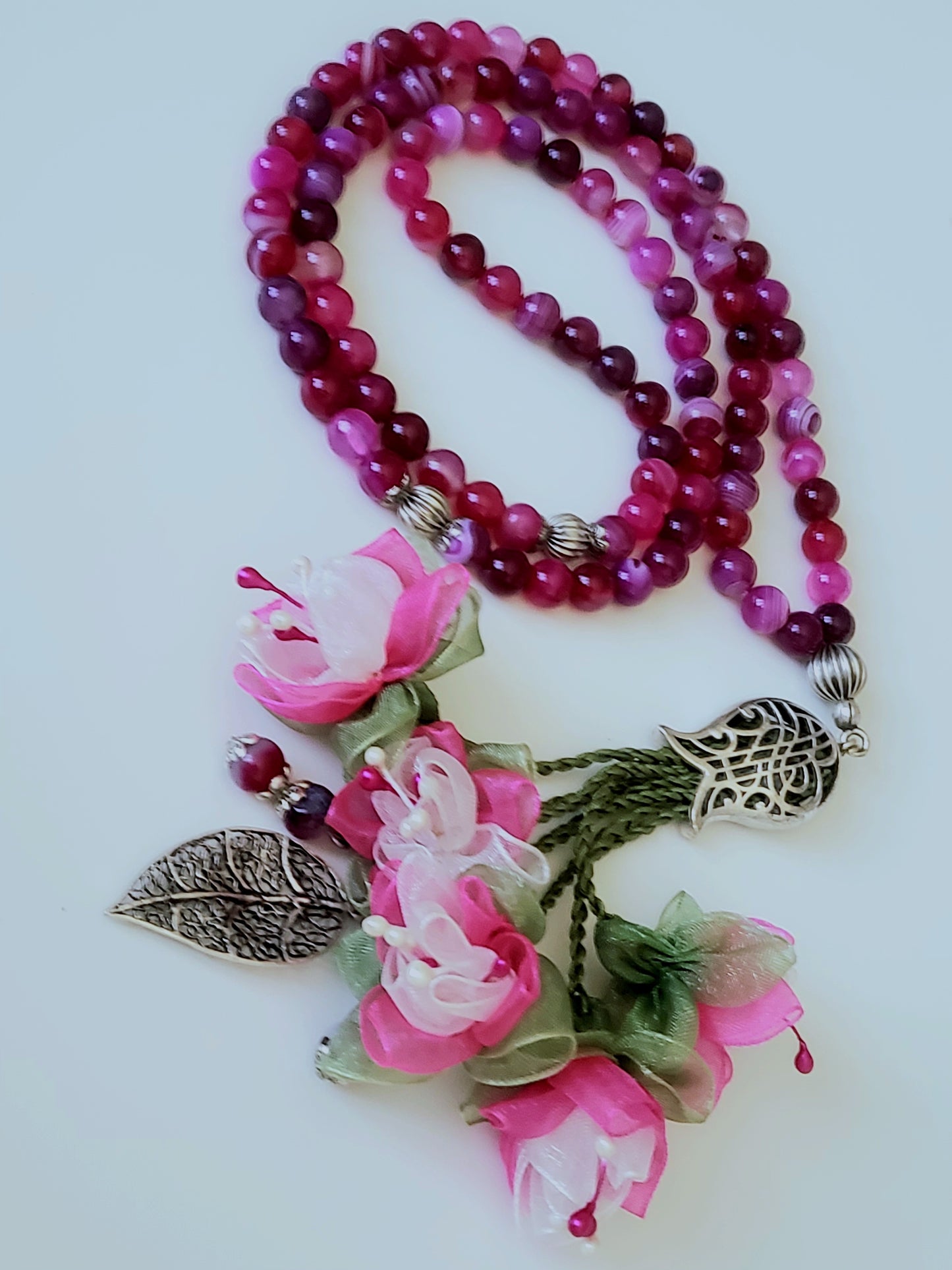 Agate Natural Stones / Fuchsia & White Flowers [عقيق]