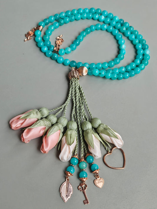 Jade Natural Stones/ Shades of Peach Tulips with ROSE GOLD accents [اليشم]