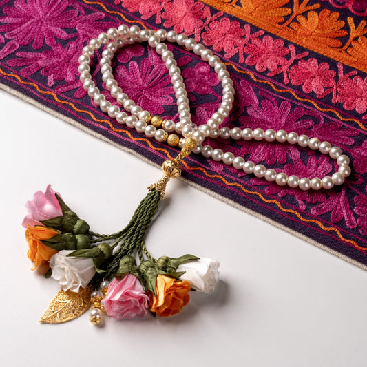 Pearl Beads / Mango, Pink, Off-White Flowers